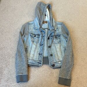 American Eagle Denim and Gray Hooded Jean Jacket